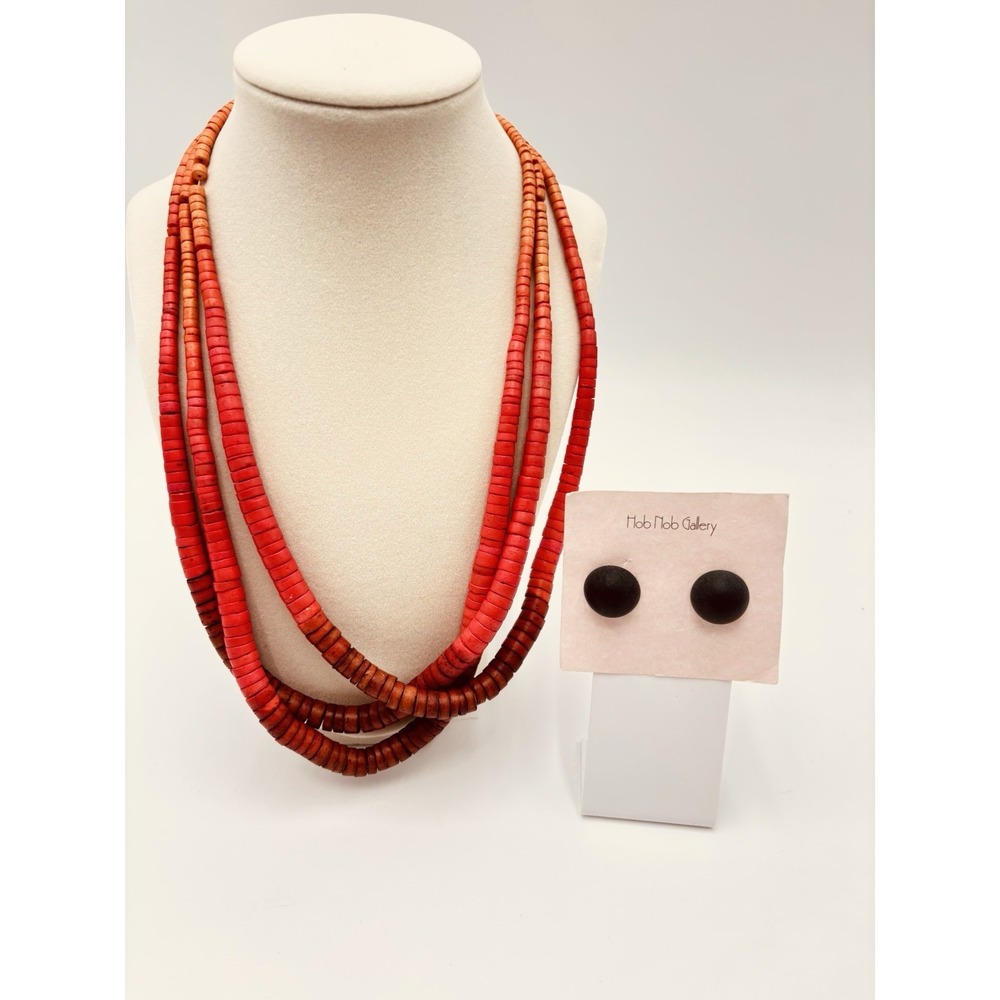 Multi Strand Red Coral Style Bead Necklace + Black Stud Earrings Boho